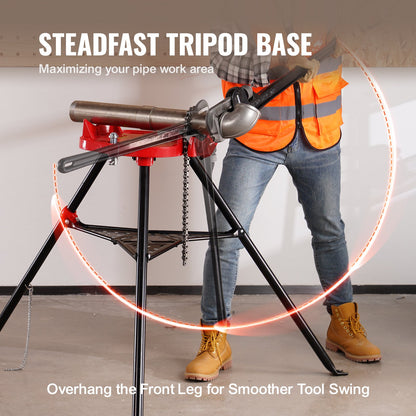 Kettenschraubstock mit Dreibeinstativ | Rohrdurchmesser: 3,2 bis 152 mm | Tragkraft: 600 kg | Tragbares Stativ mit klappbaren Beinen und Werkzeugablage | Ideal für Sanitär- und Rohrleitungsarbeiten