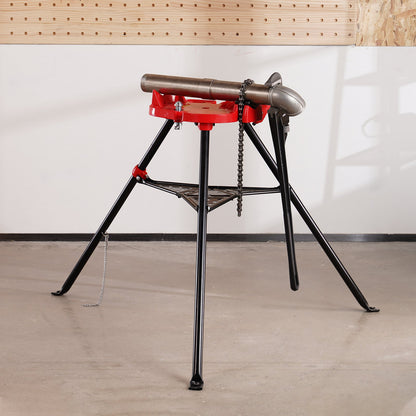 Kettenschraubstock mit Dreibeinstativ | Rohrdurchmesser: 3,2 bis 152 mm | Tragkraft: 600 kg | Tragbares Stativ mit klappbaren Beinen und Werkzeugablage | Ideal für Sanitär- und Rohrleitungsarbeiten