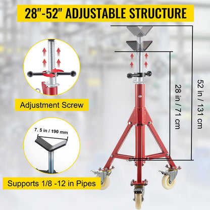 Pipe Stand, Pipe Jack Stand, V Head Pipe Stand Adjustable Height 71.12-132.08 cm, Pipe Jack Stands with Casters 400.1 kg, Folding Portable Pipe Stands 0.3175 to 30.48 cm Pipe Supporting, Steel Jack Stand
