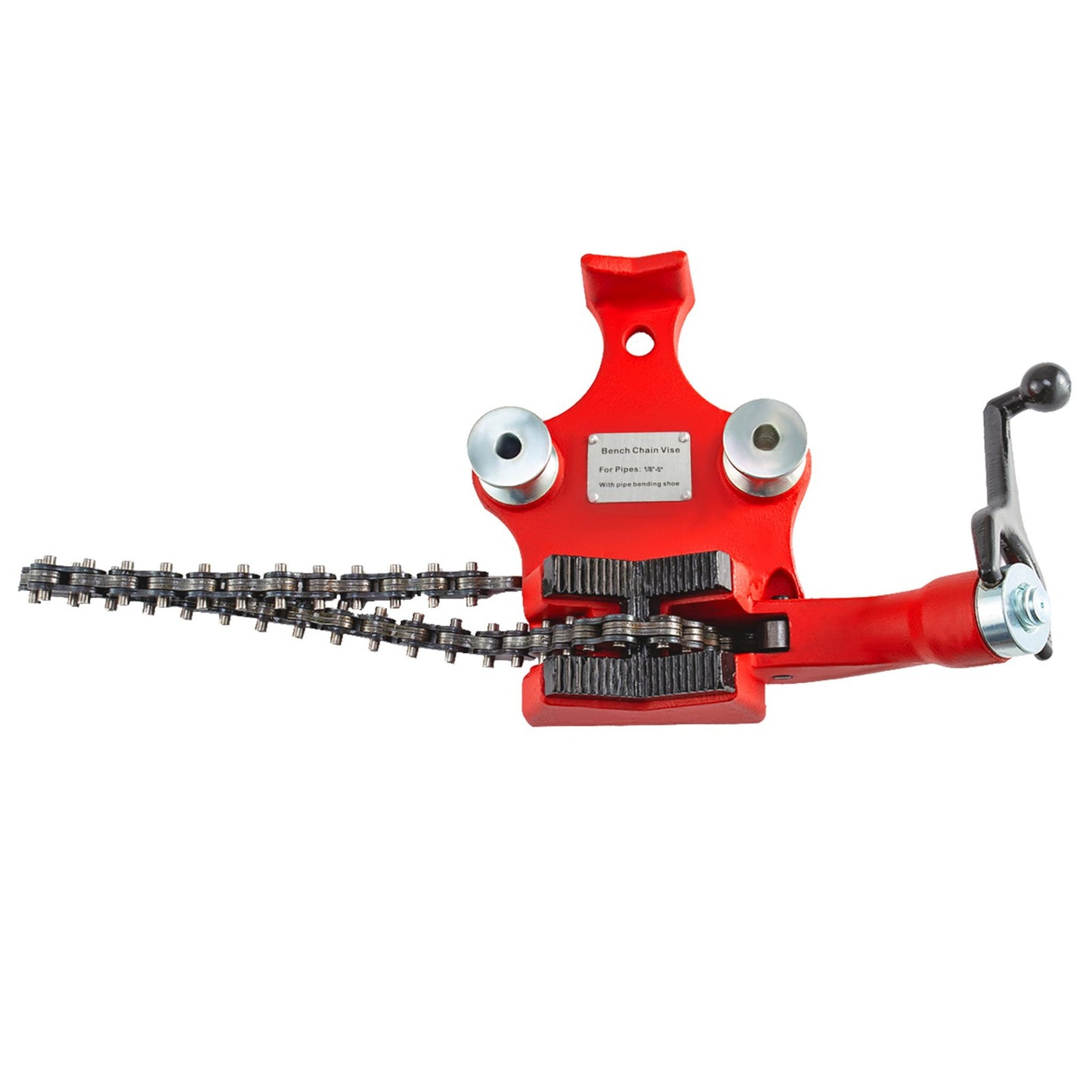 Screw Bench Chain Vise 1/8 to 5-Inch Pipe Capacity, Heavy Duty Bench Chain Pipe Vise with Crank Handle, Neoprene-Coated Jaw, Cast Iron Material Ideal for a Variety of Pipes