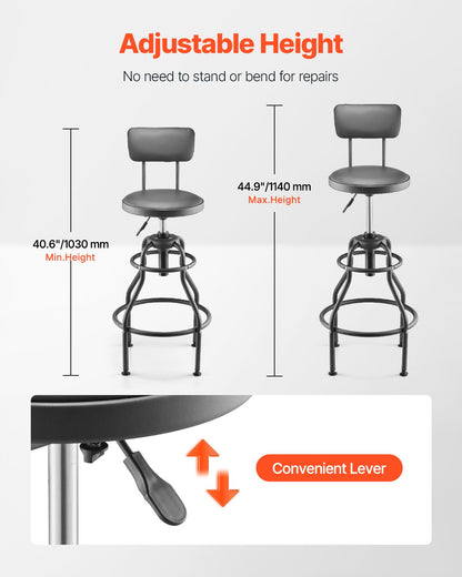 Shop Stool with Backrest, Pneumatic Garage Seat/Work Stool with 300 lbs Capacity, Adjustable Height Roller Creeper Seat, 360° Swivel Padded Workshop Stool, for Garage, Shop & Auto Repair, Black