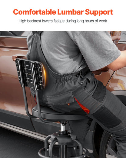 Shop Stool with Backrest, Pneumatic Garage Seat/Work Stool with 300 lbs Capacity, Adjustable Height Roller Creeper Seat, 360° Swivel Padded Workshop Stool, for Garage, Shop & Auto Repair, Black