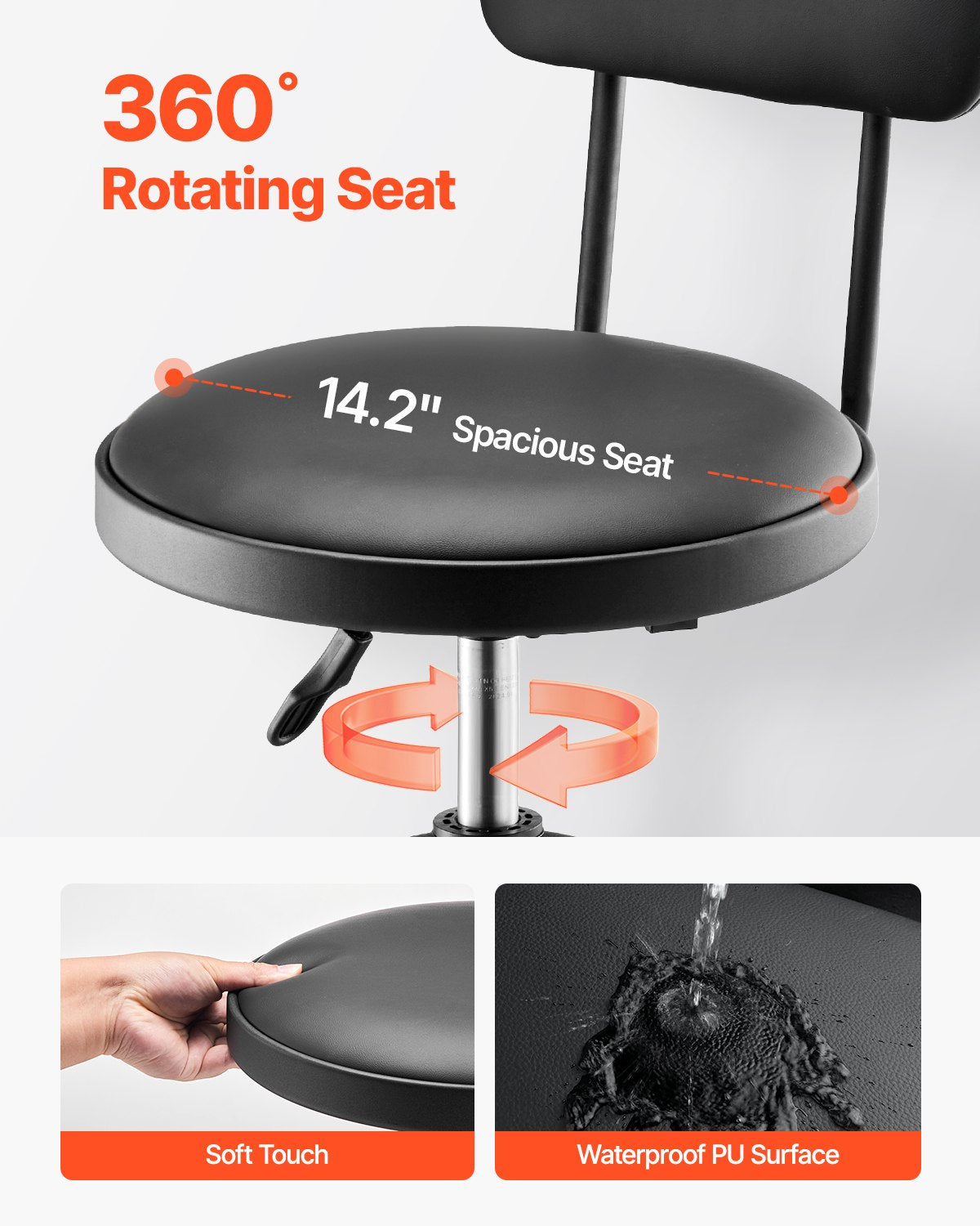 Shop Stool with Backrest, Pneumatic Garage Seat/Work Stool with 300 lbs Capacity, Adjustable Height Roller Creeper Seat, 360° Swivel Padded Workshop Stool, for Garage, Shop & Auto Repair, Black