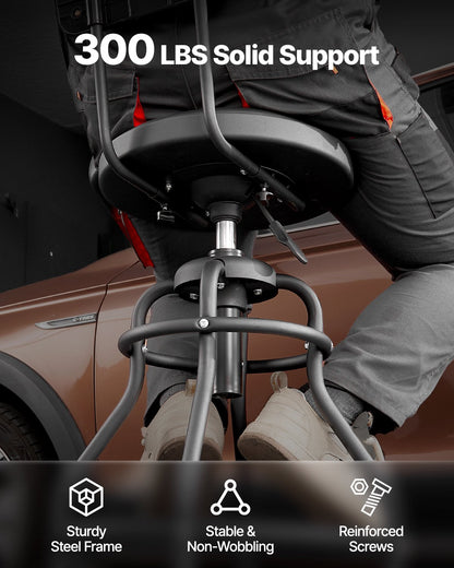 Shop Stool with Backrest, Pneumatic Garage Seat/Work Stool with 300 lbs Capacity, Adjustable Height Roller Creeper Seat, 360° Swivel Padded Workshop Stool, for Garage, Shop & Auto Repair, Black