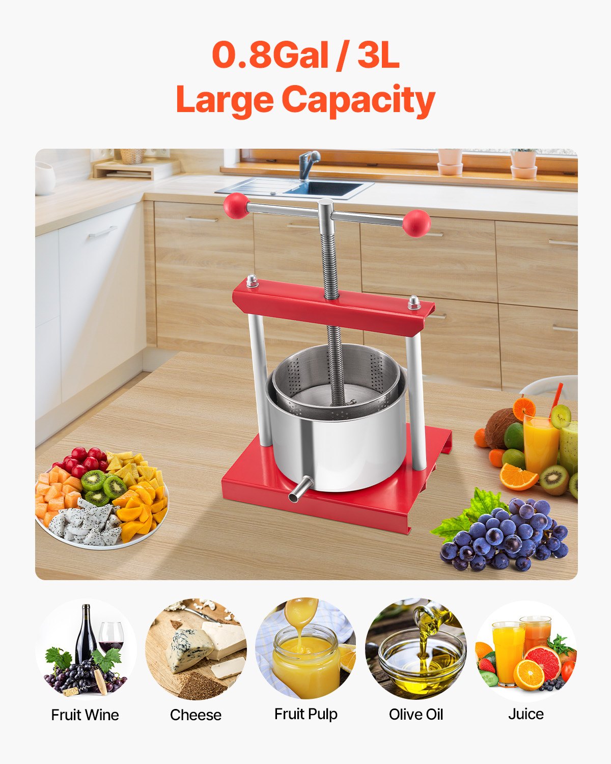 0.8 Gal/3L Fruit Wine Press, 2 Stainless Steel Barrels, Manual Juice Maker, Cider Apple Grape Tincture Honey Olive Oil Making Press with T-Handle for Outdoor Kitchen Home