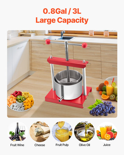 0.8 Gal/3L Fruit Wine Press, 2 Stainless Steel Barrels, Manual Juice Maker, Cider Apple Grape Tincture Honey Olive Oil Making Press with T-Handle for Outdoor Kitchen Home