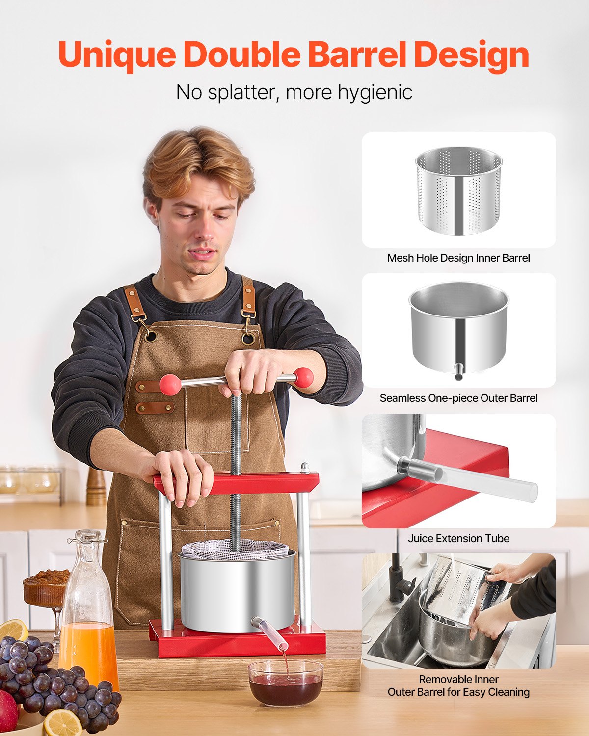 0.8 Gal/3L Fruit Wine Press, 2 Stainless Steel Barrels, Manual Juice Maker, Cider Apple Grape Tincture Honey Olive Oil Making Press with T-Handle for Outdoor Kitchen Home