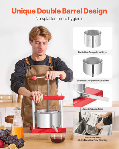 0.8 Gal/3L Fruit Wine Press, 2 Stainless Steel Barrels, Manual Juice Maker, Cider Apple Grape Tincture Honey Olive Oil Making Press with T-Handle for Outdoor Kitchen Home