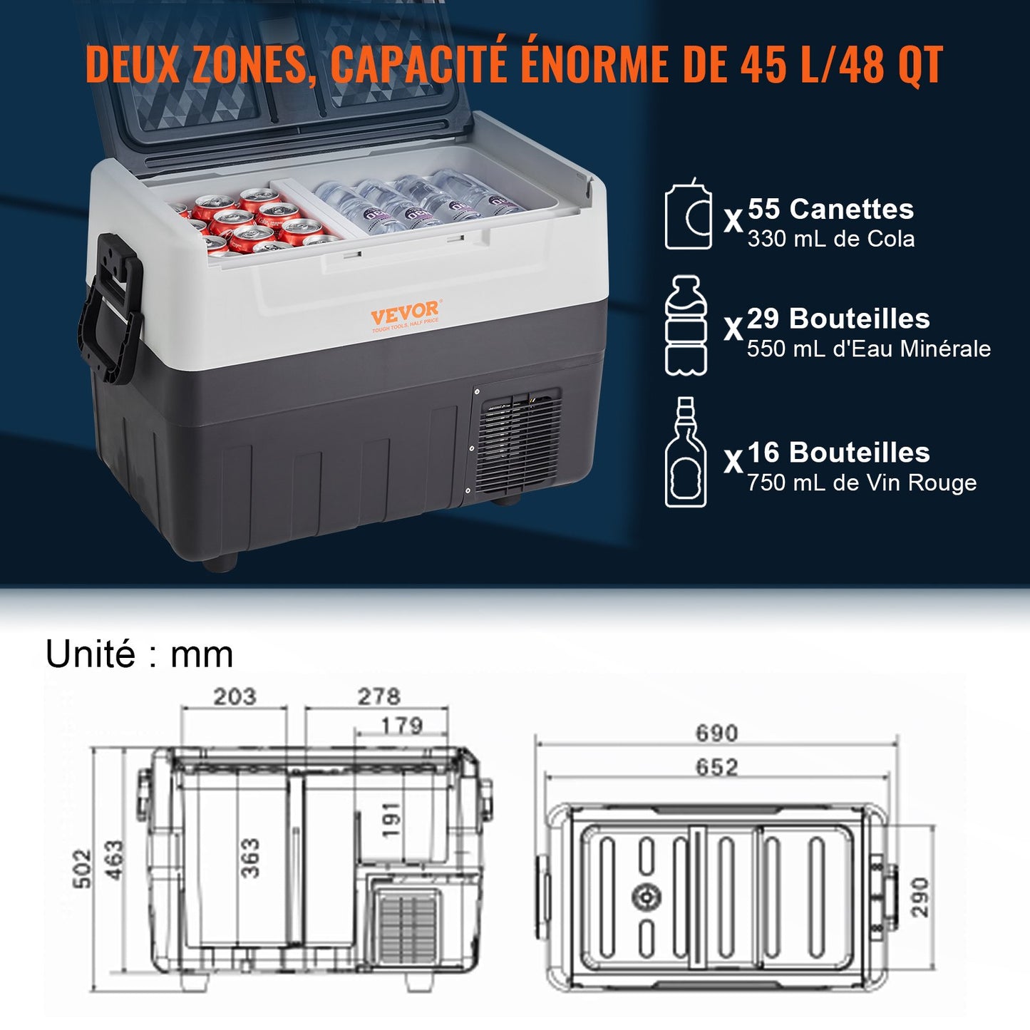 Portable Car Refrigerator Freezer Compressor 45.4 L Dual Zone for Car Home