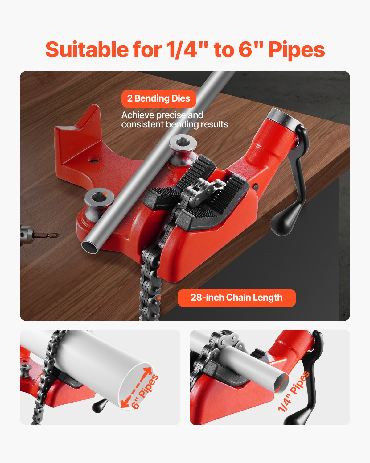 Heavy-Duty Pipe Chain Vise, 1/4" - 6" Pipe Capacity, 28" Rugged Chain & Cast Iron Base, Industrial-Grade Pipe Clamping for Plumbing, Automotive Repairs, Metalworking