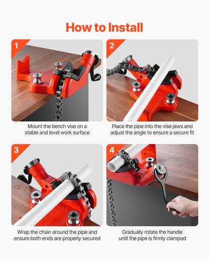 Heavy-Duty Pipe Chain Vise, 1/4" - 6" Pipe Capacity, 28" Rugged Chain & Cast Iron Base, Industrial-Grade Pipe Clamping for Plumbing, Automotive Repairs, Metalworking