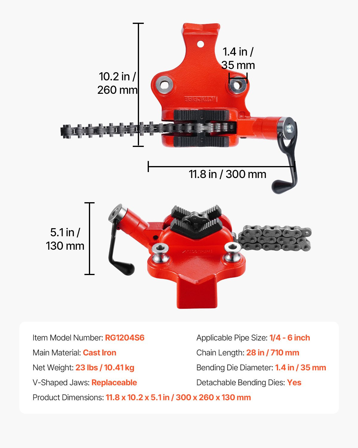 Heavy-Duty Pipe Chain Vise, 1/4" - 6" Pipe Capacity, 28" Rugged Chain & Cast Iron Base, Industrial-Grade Pipe Clamping for Plumbing, Automotive Repairs, Metalworking
