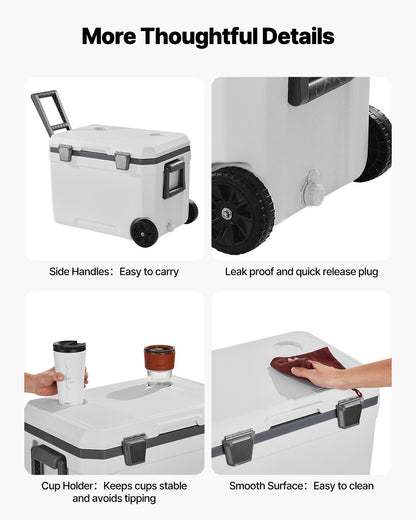 Portable Cooler, 45 QT Wheeled Cooler with Ice Retention, Heavy-Duty Handles and Cup Holder, Lightweight Rigid Material Insulated Portable Cooler, Suitable for Family Picnics and Long Trips
