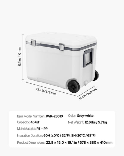 Portable Cooler, 45 QT Wheeled Cooler with Ice Retention, Heavy-Duty Handles and Cup Holder, Lightweight Rigid Material Insulated Portable Cooler, Suitable for Family Picnics and Long Trips