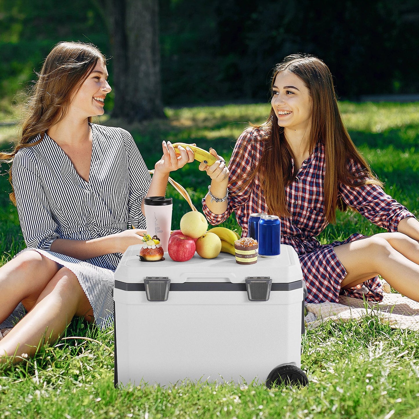 Portable Cooler, 45 QT Wheeled Cooler with Ice Retention, Heavy-Duty Handles and Cup Holder, Lightweight Rigid Material Insulated Portable Cooler, Suitable for Family Picnics and Long Trips