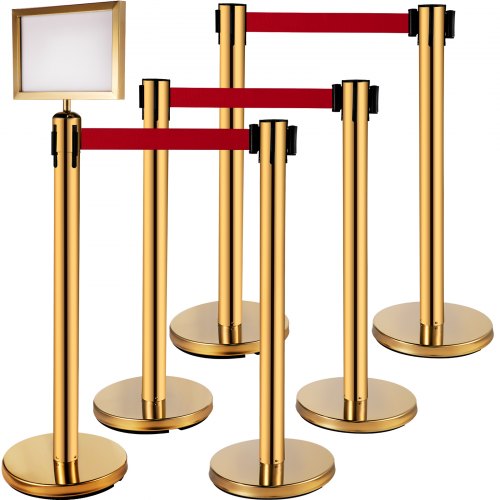 Stanchion Post Barriers 4-Set Line Dividers, Stainless Steel Stanchions with 6.6 Red Retractable Belts, Stanchions with One Sign Frame, 34.6 Queue Safety Stanchions (Gold)