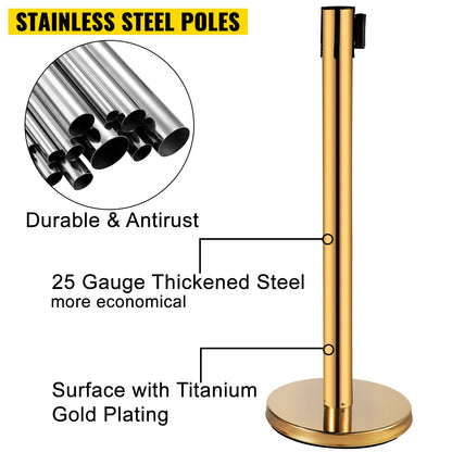 Stanchion Post Barriers 4-Set Line Dividers, Stainless Steel Stanchions with 6.6 Red Retractable Belts, Stanchions with One Sign Frame, 34.6 Queue Safety Stanchions (Gold)