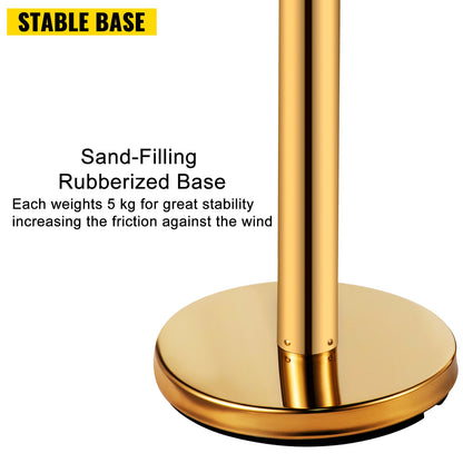 Stanchion Post Barriers 4-Set Line Dividers, Stainless Steel Stanchions with 6.6 Red Retractable Belts, Stanchions with One Sign Frame, 34.6 Queue Safety Stanchions (Gold)