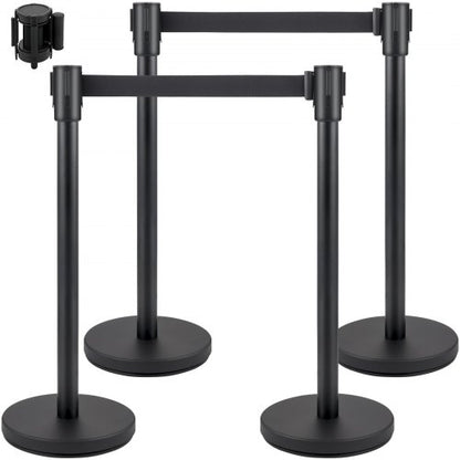 Crowd Control Stanchion, Set of 4 Pieces Stanchion Set, Stanchion Set with 6.6 ft/2 m Black Retractable Belt, Black Crowd Control Barrier with Concrete and Metal Base - Easy Connect Assembly