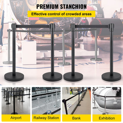 Crowd Control Stanchion, Set of 4 Pieces Stanchion Set, Stanchion Set with 6.6 ft/2 m Black Retractable Belt, Black Crowd Control Barrier with Concrete and Metal Base - Easy Connect Assembly