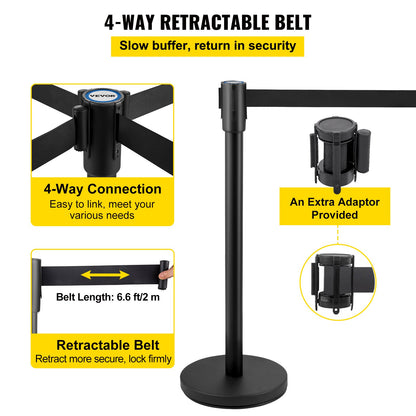 Crowd Control Stanchion, Set of 4 Pieces Stanchion Set, Stanchion Set with 6.6 ft/2 m Black Retractable Belt, Black Crowd Control Barrier with Concrete and Metal Base - Easy Connect Assembly