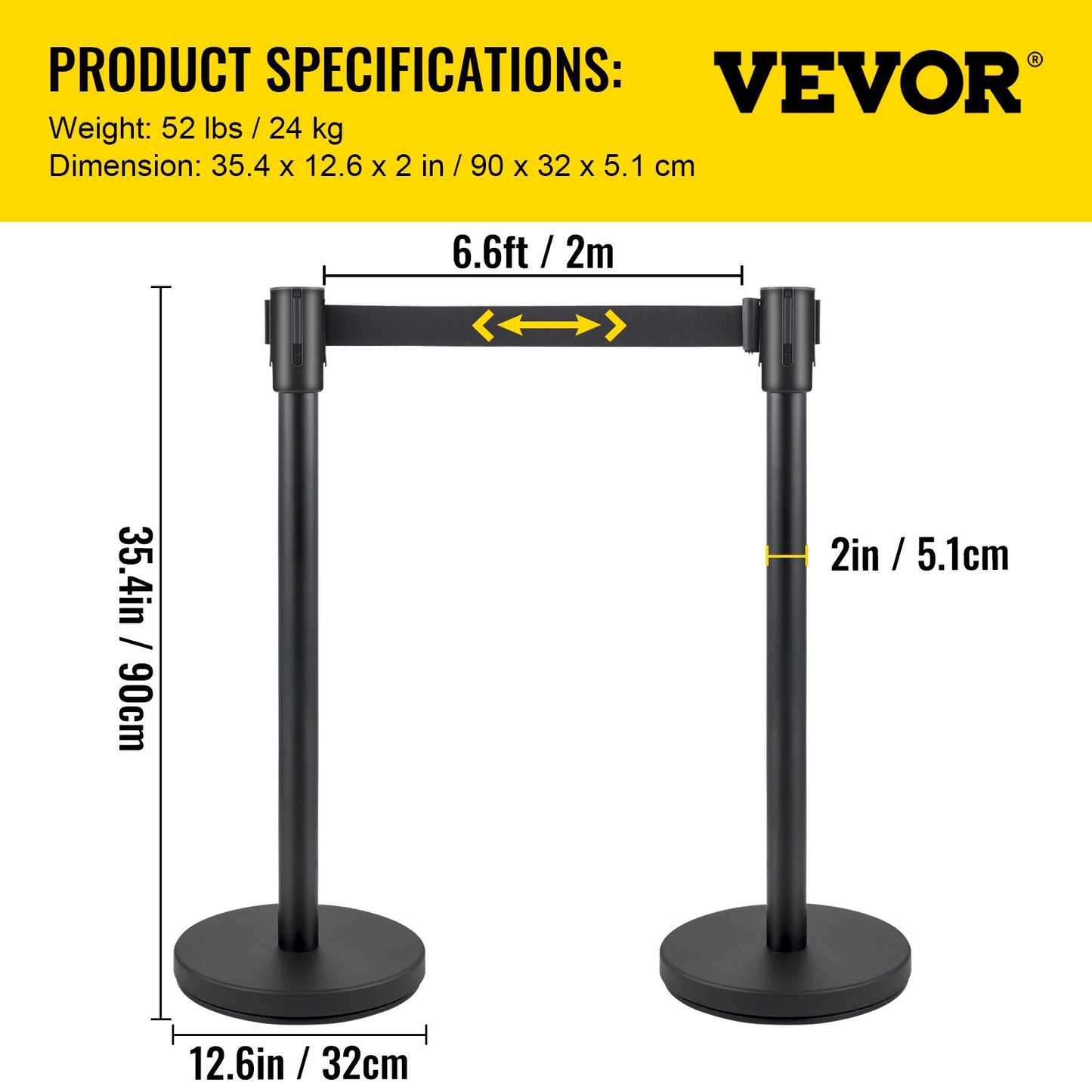 Crowd Control Stanchion, Set of 4 Pieces Stanchion Set, Stanchion Set with 6.6 ft/2 m Black Retractable Belt, Black Crowd Control Barrier with Concrete and Metal Base - Easy Connect Assembly