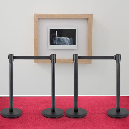 Crowd Control Stanchion, Set of 4 Pieces Stanchion Set, Stanchion Set with 6.6 ft/2 m Black Retractable Belt, Black Crowd Control Barrier with Concrete and Metal Base - Easy Connect Assembly