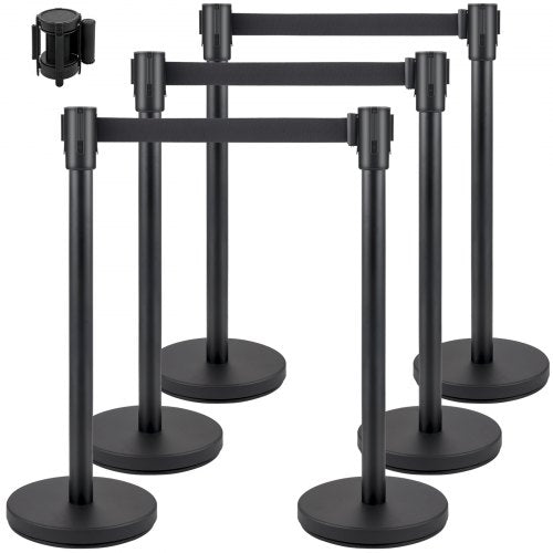Crowd Control Stanchion, Set of 6 Pieces Stanchion Set, Stanchion Set with 6.6 ft/2 m Black Retractable Belt, Black Crowd Control Barrier with Concrete and Metal Base - Easy Connect Assembly
