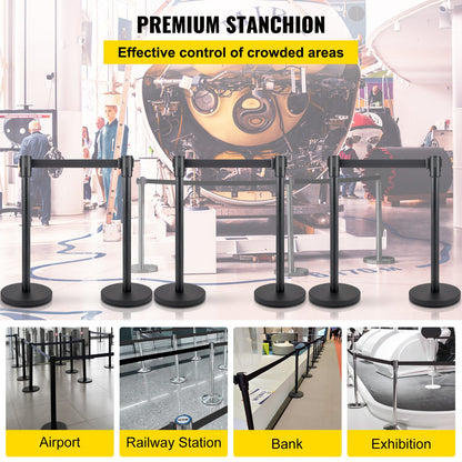 Crowd Control Stanchion, Set of 6 Pieces Stanchion Set, Stanchion Set with 6.6 ft/2 m Black Retractable Belt, Black Crowd Control Barrier with Concrete and Metal Base - Easy Connect Assembly