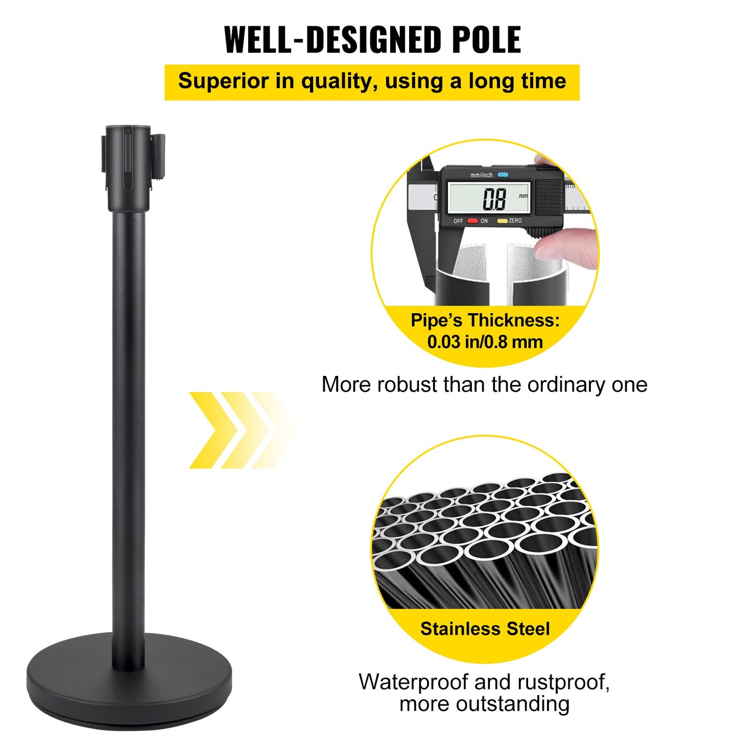 Crowd Control Stanchion, Set of 6 Pieces Stanchion Set, Stanchion Set with 6.6 ft/2 m Black Retractable Belt, Black Crowd Control Barrier with Concrete and Metal Base - Easy Connect Assembly