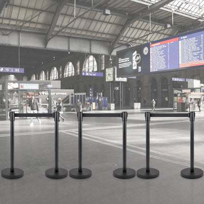 Crowd Control Stanchion, Set of 6 Pieces Stanchion Set, Stanchion Set with 6.6 ft/2 m Black Retractable Belt, Black Crowd Control Barrier with Concrete and Metal Base - Easy Connect Assembly