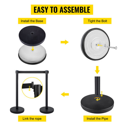 Crowd Control Stanchion, Set of 4 Pieces Stanchion Set, Stanchion Set with 6.6 ft/2 m Black Retractable Belt, Black Crowd Control Barrier with Concrete and Metal Base – Easy Connect Assembly