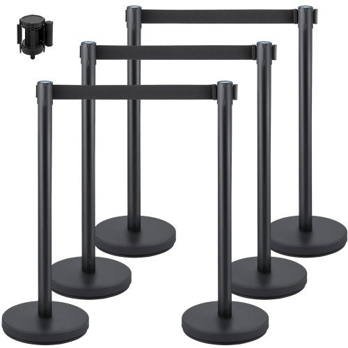 Crowd Control Stanchion, Set of 6 Pieces Stanchion Set, Stanchion Set with 6.6 ft/2 m Black Retractable Belt, Black Crowd Control Barrier with Concrete and Metal Base – Easy Connect Assembly