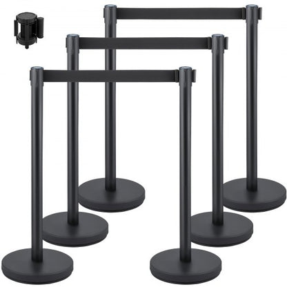 Crowd Control Stanchion, Set of 6 Pieces Stanchion Set, Stanchion Set with 6.6 ft/2 m Black Retractable Belt, Black Crowd Control Barrier with Concrete and Metal Base – Easy Connect Assembly