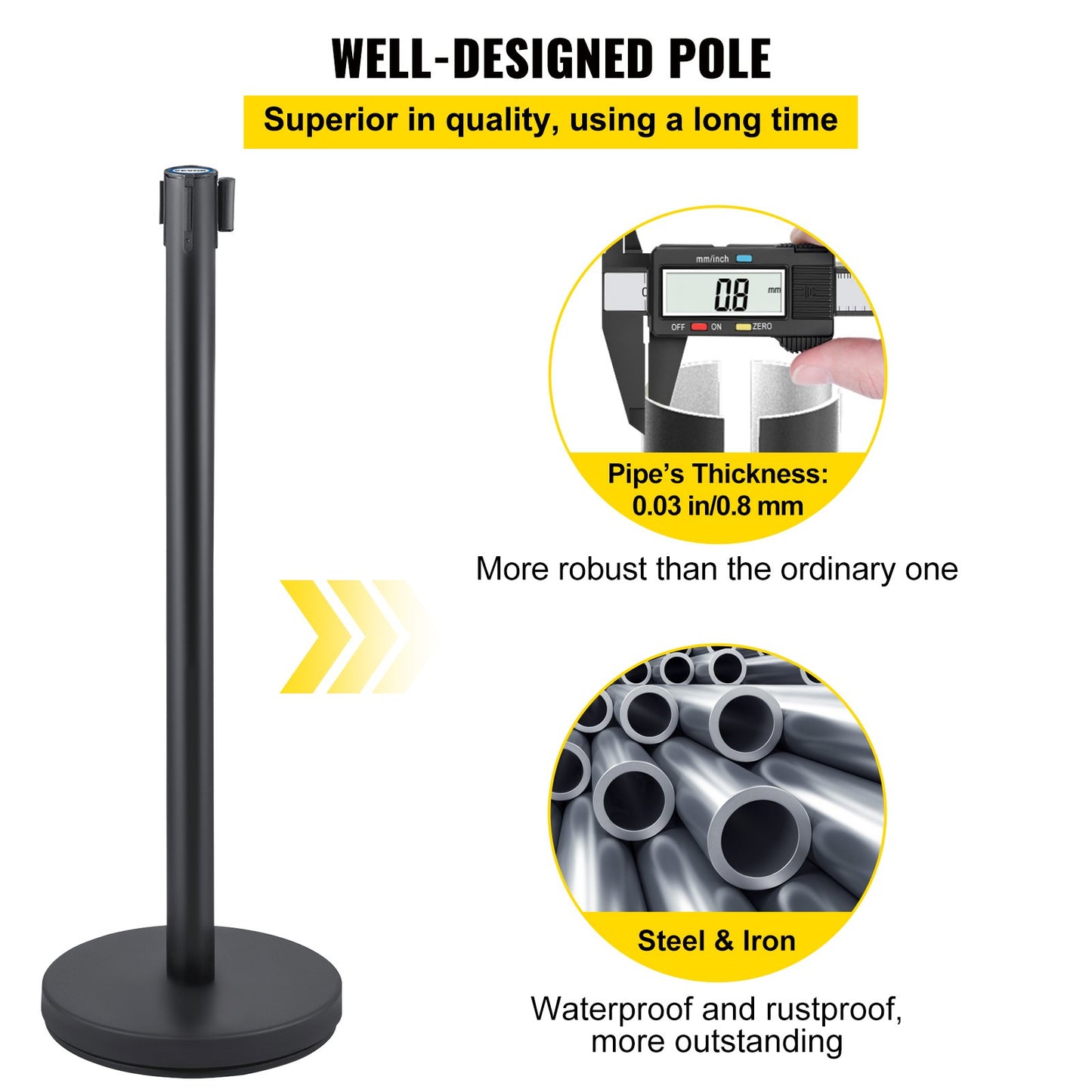 Crowd Control Stanchion, Set of 6 Pieces Stanchion Set, Stanchion Set with 6.6 ft/2 m Black Retractable Belt, Black Crowd Control Barrier with Concrete and Metal Base – Easy Connect Assembly