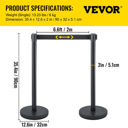 Crowd Control Stanchion, Set of 6 Pieces Stanchion Set, Stanchion Set with 6.6 ft/2 m Black Retractable Belt, Black Crowd Control Barrier with Concrete and Metal Base – Easy Connect Assembly