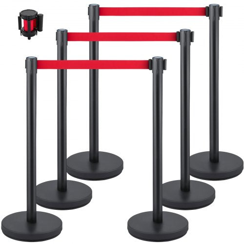 Crowd Control Stanchion, Set of 6 Pieces Stanchion Set, Stanchion Set with 6.6 ft/2 m Red Retractable Belt, Black Crowd Control Barrier with Rubber Base – Easy Connect Assembly for Crowd Control