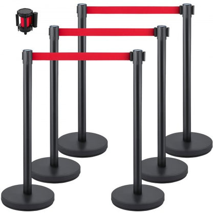 Crowd Control Stanchion, Set of 6 Pieces Stanchion Set, Stanchion Set with 6.6 ft/2 m Red Retractable Belt, Black Crowd Control Barrier with Rubber Base – Easy Connect Assembly for Crowd Control