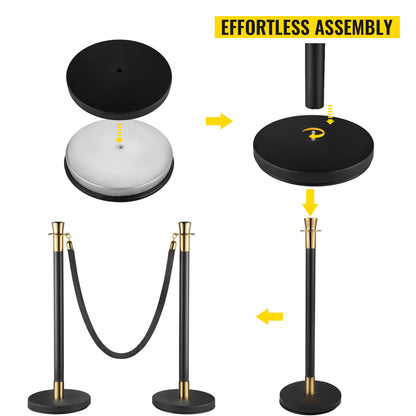 Crowd Control Stanchion, Set of 6 Pieces Stanchion Set, Stanchion Set with 5 ft/1.5 m Black Velvet Rope, Black Crowd Control Barrier with Sturdy Concrete and Metal Base – Easy Connect Assembly