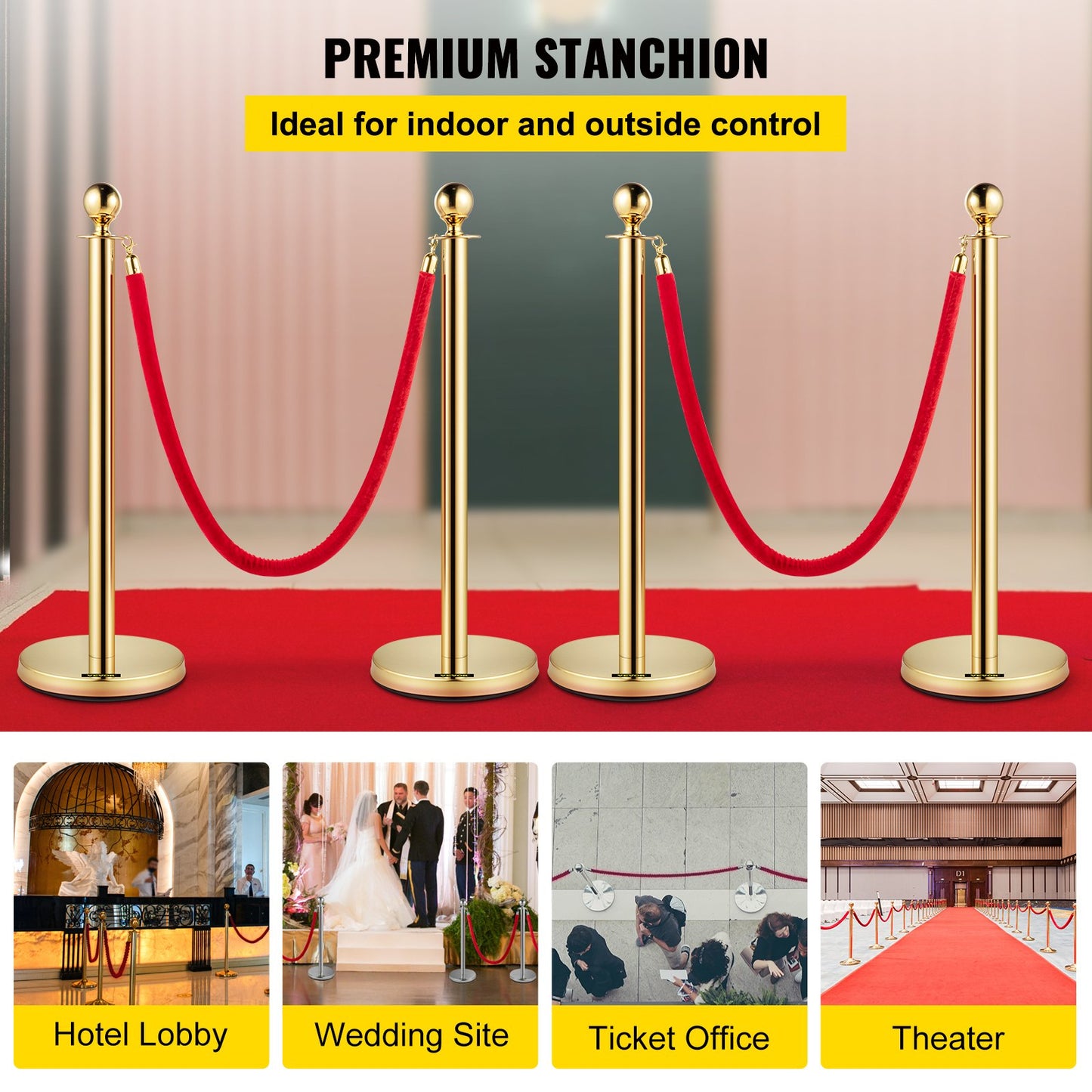Set of 2 Gold Round Top Queue Control Barrier Posts Stands Security Stanchion Rope Divider with 1.5M Red Rope Crowd Control Barrier Gold Round top Column