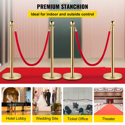 Set of 2 Gold Round Top Queue Control Barrier Posts Stands Security Stanchion Rope Divider with 1.5M Red Rope Crowd Control Barrier Gold Round top Column
