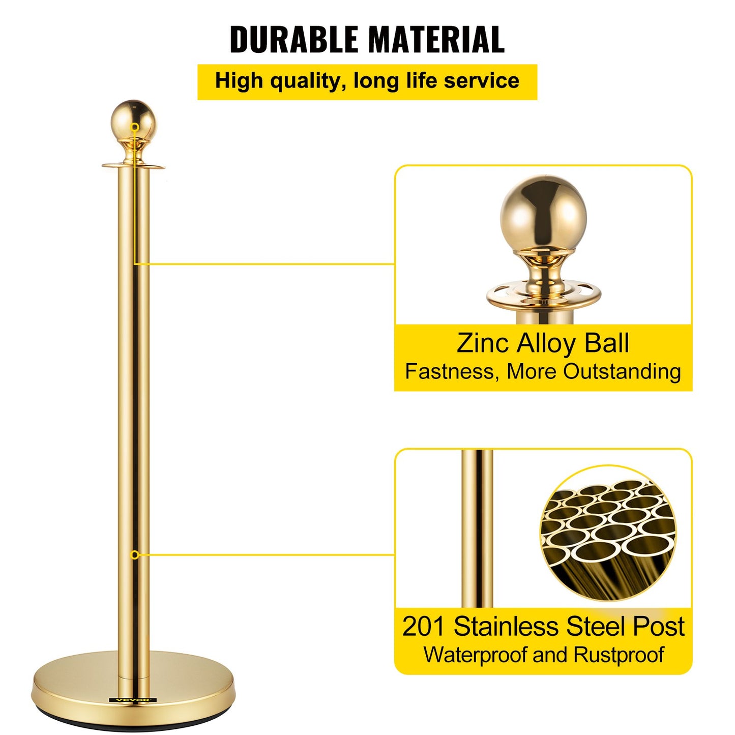 Set of 2 Gold Round Top Queue Control Barrier Posts Stands Security Stanchion Rope Divider with 1.5M Red Rope Crowd Control Barrier Gold Round top Column