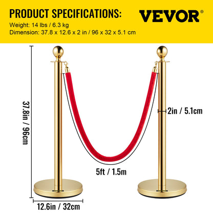 Set of 2 Gold Round Top Queue Control Barrier Posts Stands Security Stanchion Rope Divider with 1.5M Red Rope Crowd Control Barrier Gold Round top Column
