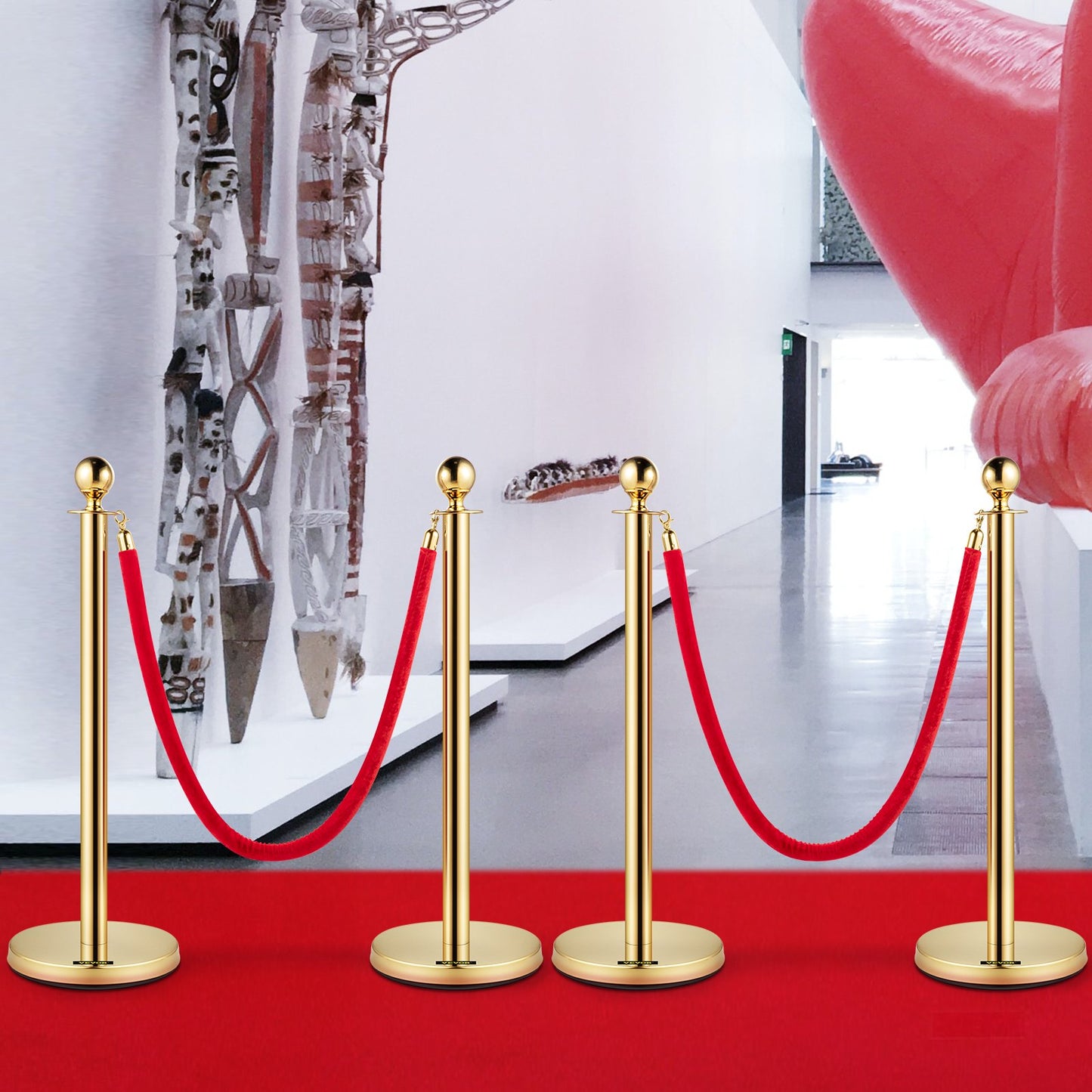 Set of 2 Gold Round Top Queue Control Barrier Posts Stands Security Stanchion Rope Divider with 1.5M Red Rope Crowd Control Barrier Gold Round top Column