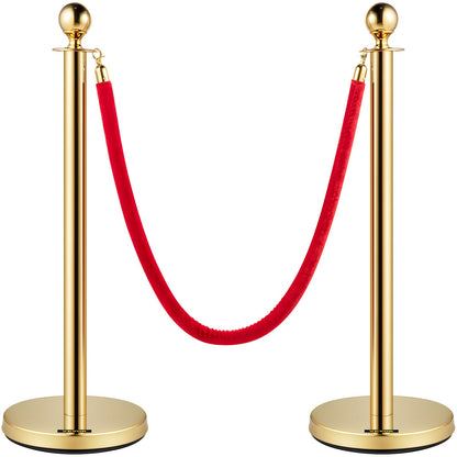 Set of 2 Gold Round Top Queue Control Barrier Posts Stands Security Stanchion Rope Divider with 1.5M Red Rope Crowd Control Barrier Gold Round top Column