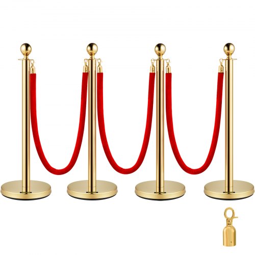 Set of 2 Gold Round Top Queue Control Barrier Posts Stands Security Stanchion Rope Divider Stainless Steel with 1.5M Red 3 Velvet Rope 4 Pack