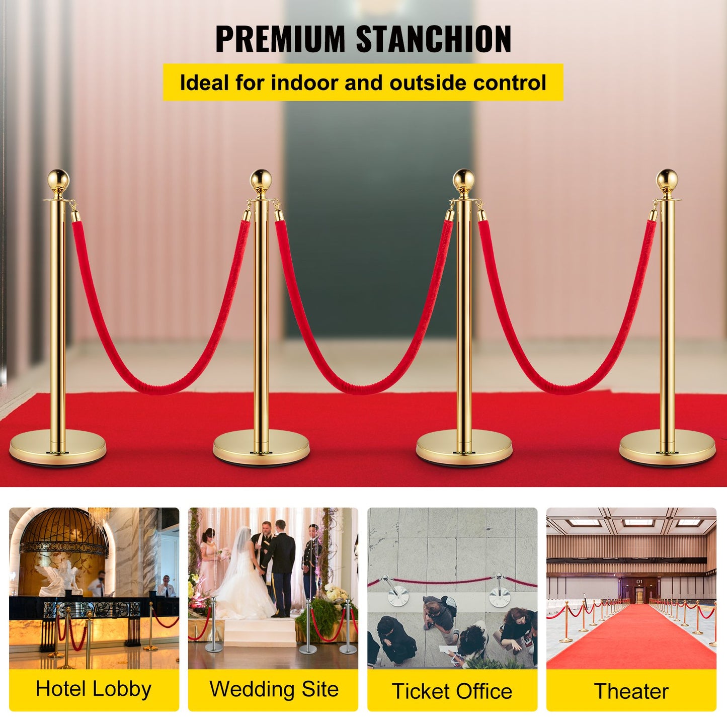 Set of 2 Gold Round Top Queue Control Barrier Posts Stands Security Stanchion Rope Divider Stainless Steel with 1.5M Red 3 Velvet Rope 4 Pack