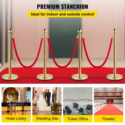 Set of 2 Gold Round Top Queue Control Barrier Posts Stands Security Stanchion Rope Divider Stainless Steel with 1.5M Red 3 Velvet Rope 4 Pack
