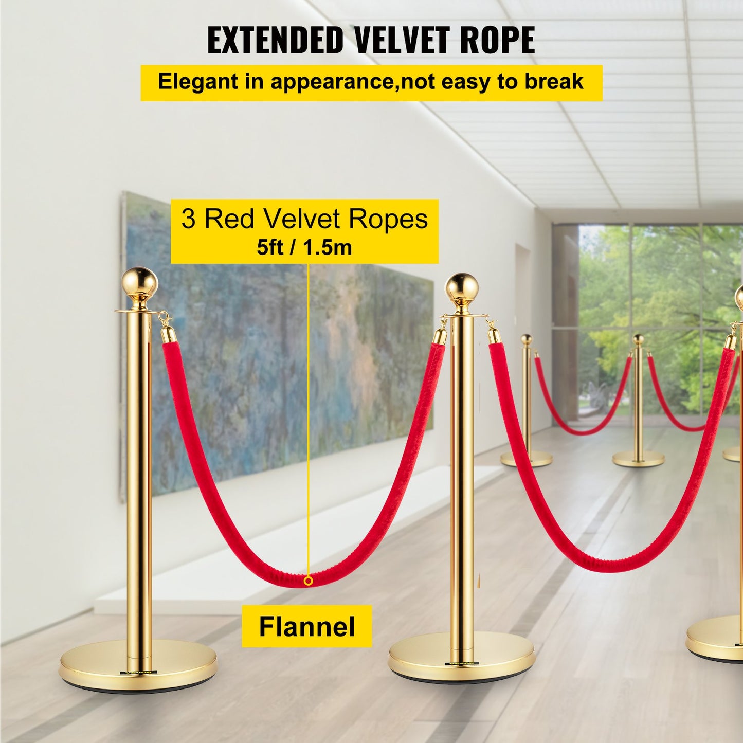 Set of 2 Gold Round Top Queue Control Barrier Posts Stands Security Stanchion Rope Divider Stainless Steel with 1.5M Red 3 Velvet Rope 4 Pack