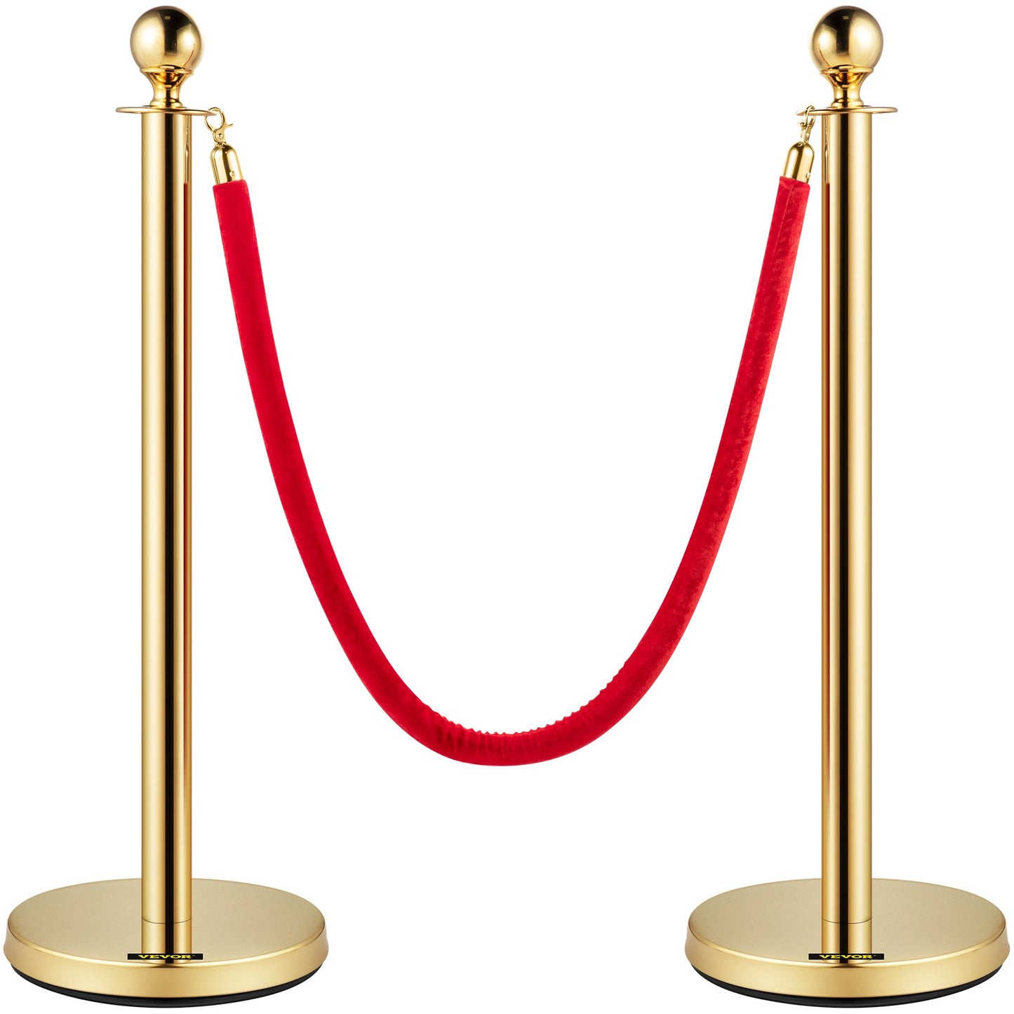 Set of 2 Gold Round Top Queue Control Barrier Posts Stands Security Stanchion Rope Divider Stainless Steel with 1.5M Red 3 Velvet Rope 4 Pack